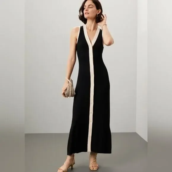 Sandro | Dresses | Sandro Black White Ribbed Knit Beige Button Placket  Gabriel Maxi Dress Size 38 | Poshmark